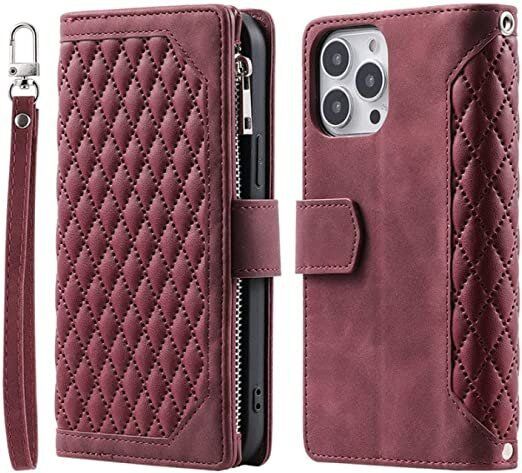 Long Lanyard läder fodral för iphone 14 plus med 7 kortplatser vinröd - Bild 1